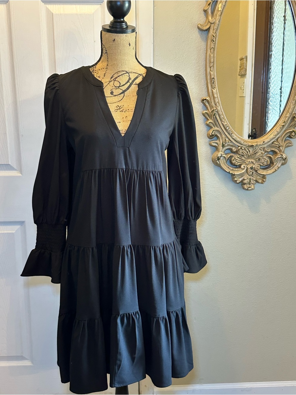 Pomander Place Black Tiered V-Neck Mini Dress